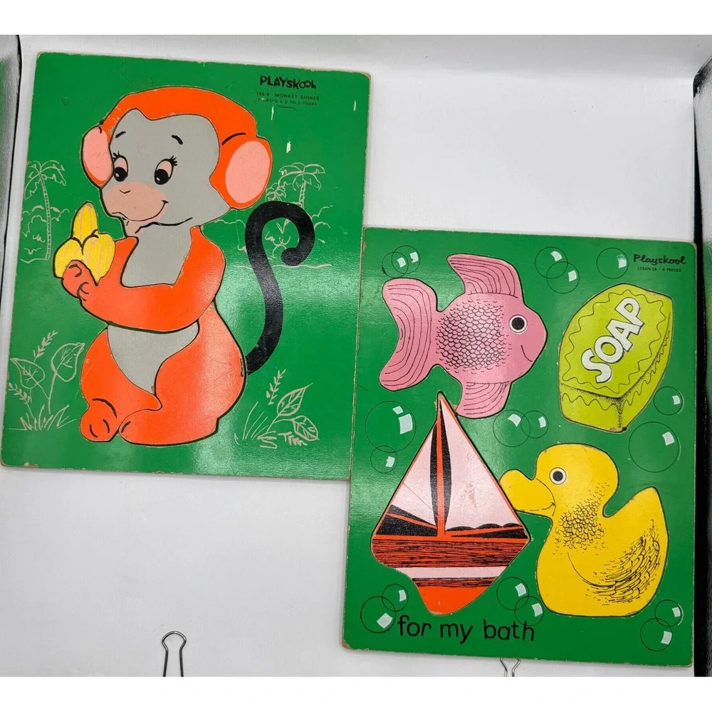 Playskool Wood Tray Puzzles Kids Preschool Green Monkey Shines For My Bath 2pk